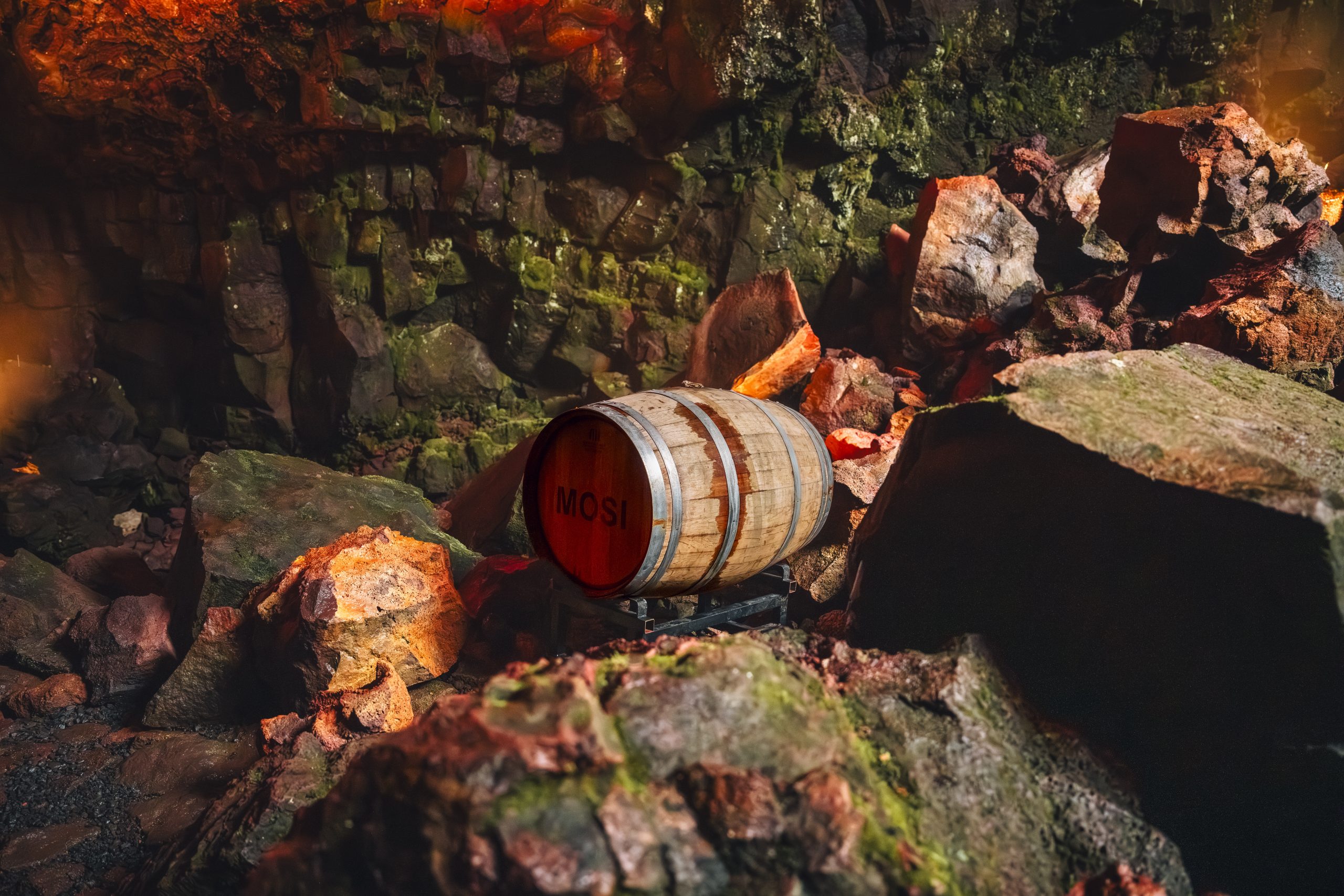 Mosi Gin wooden barrel inside the lava tunnel in Iceland.